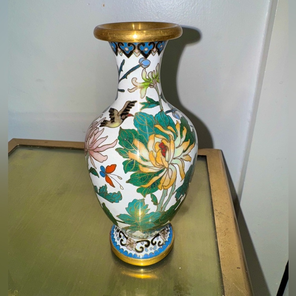 Vintage Enamel on Brass Cloisonné Floral Bird Theme Vase